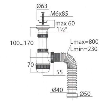Сифон МИНИ Элит 1 1/2-40/50 с гофр. трубой (30986780) от интернет-магазина stmaster54.ru